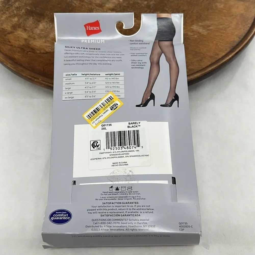 Hanes Hosiery Wm 2XL 2 Pairs Barely Black Silky Ultra Sheer Lightest Coverage